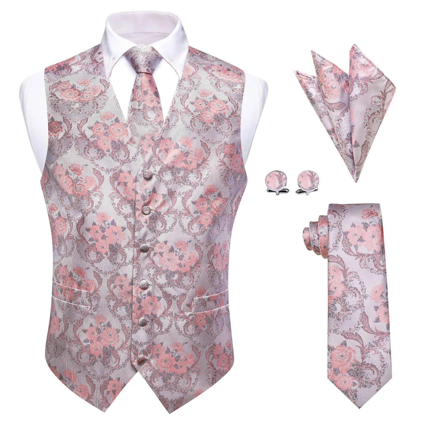 YourTies Pink Silver Floral Silk Mens Vest Necktie Hanky Cufflinks Set