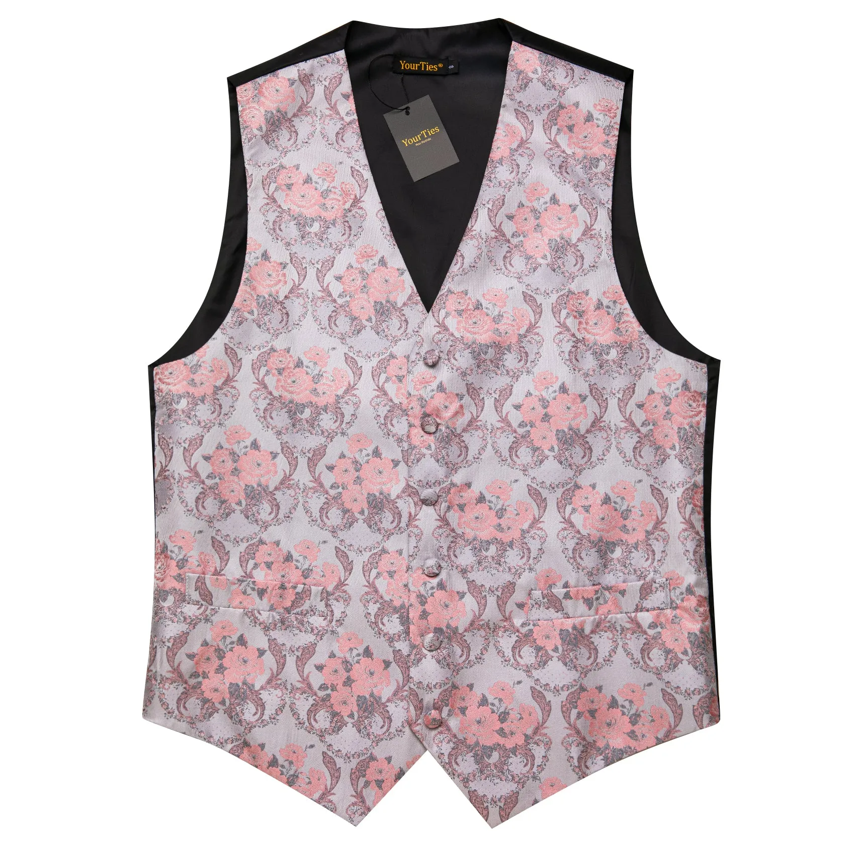 YourTies Pink Silver Floral Silk Mens Vest Necktie Hanky Cufflinks Set
