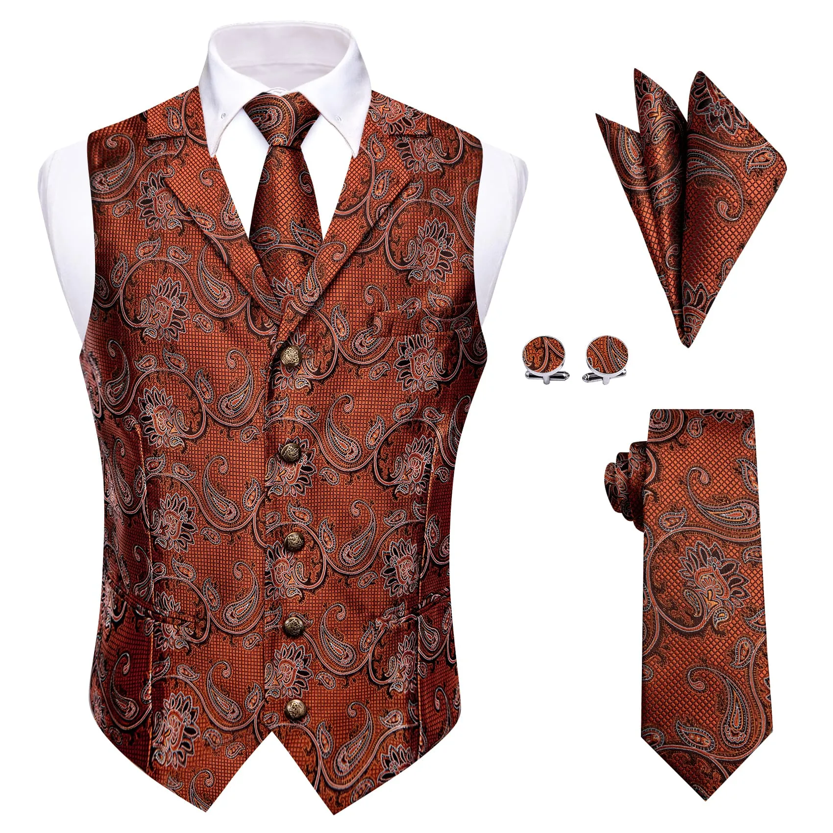 YourTies Rust Orange Paisley Wedding Waistcoat Silk Vest Necktie Set