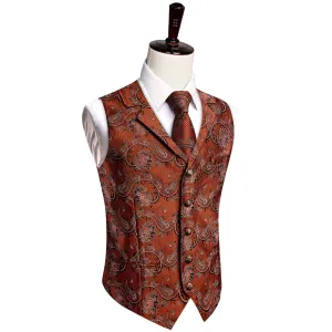 YourTies Rust Orange Paisley Wedding Waistcoat Silk Vest Necktie Set