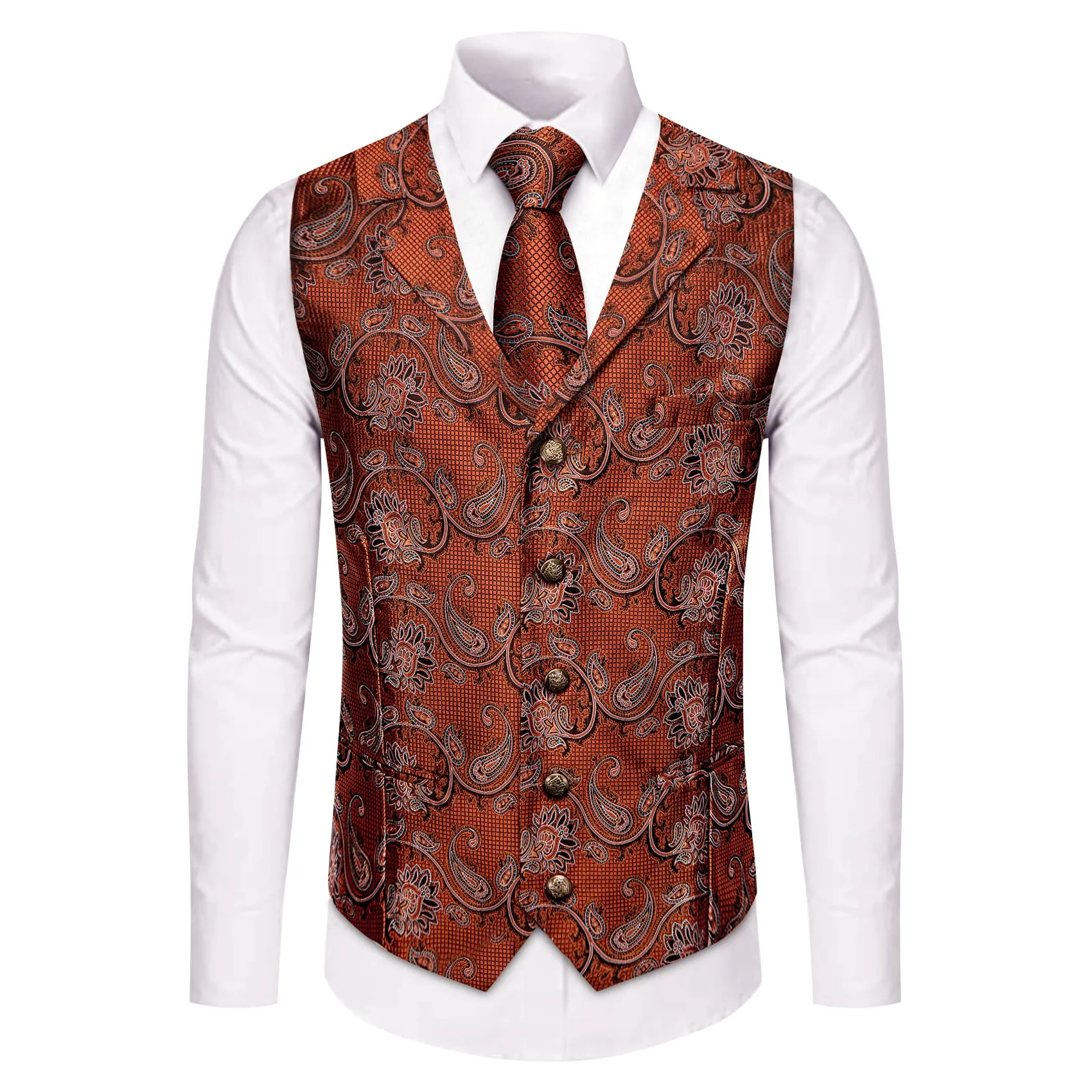YourTies Rust Orange Paisley Wedding Waistcoat Silk Vest Necktie Set