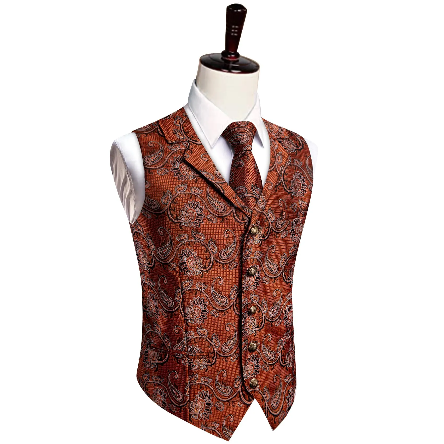 YourTies Rust Orange Paisley Wedding Waistcoat Silk Vest Necktie Set