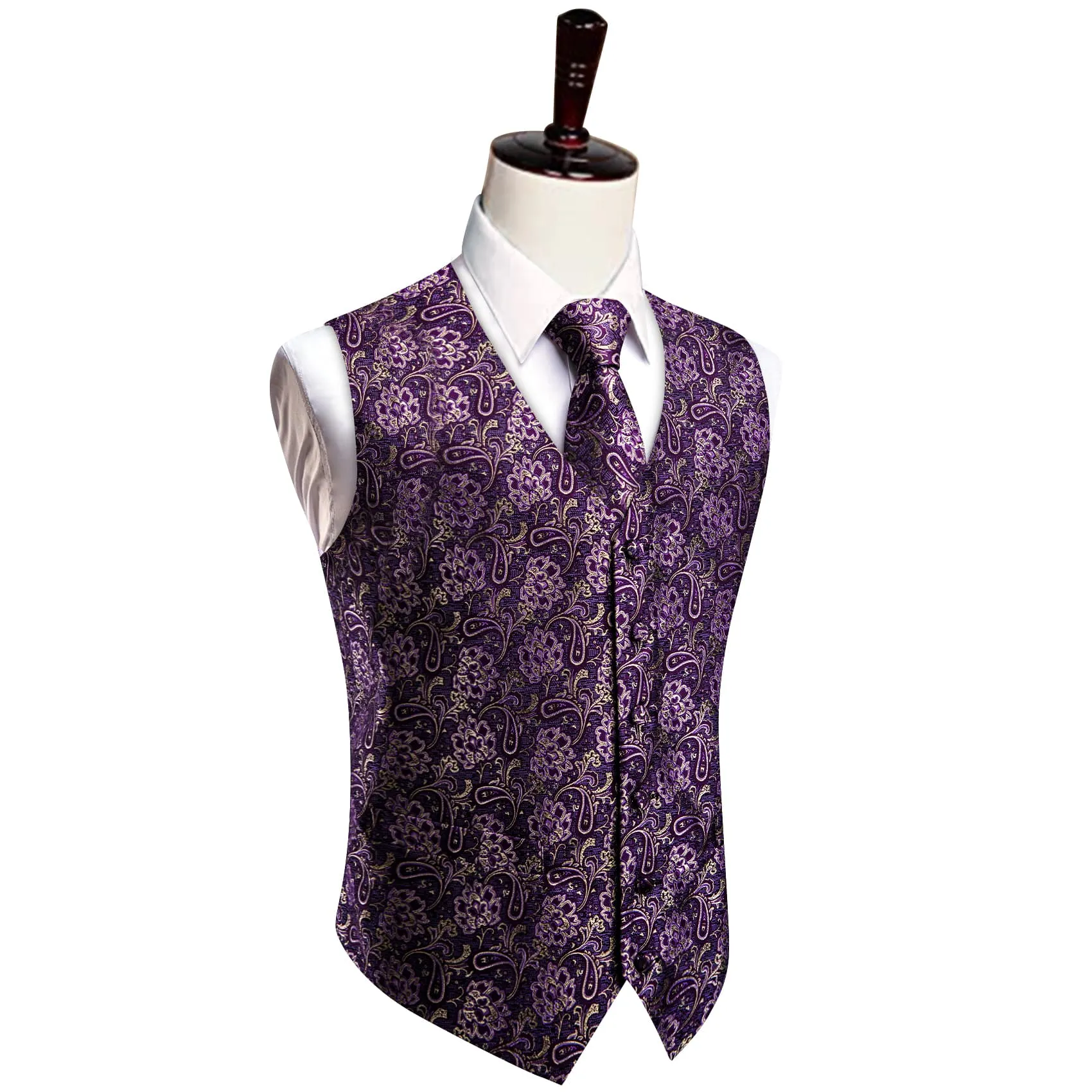 YourTies V-Neck Waistcoat Purple Beige Paisley Men's Vest Necktie Set