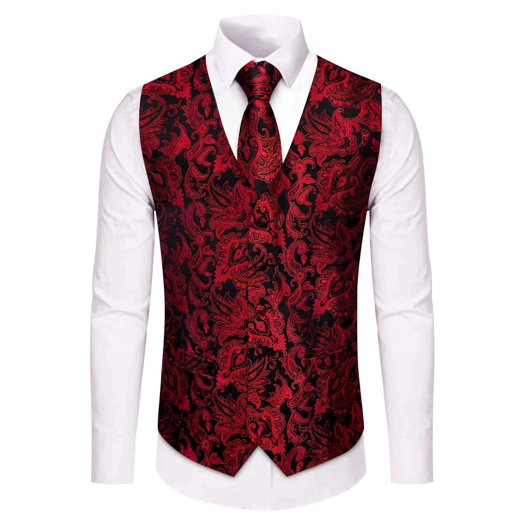 YourTies V-Neck Waistcoat Red Jacquard Paisley Men's Vest Necktie Set
