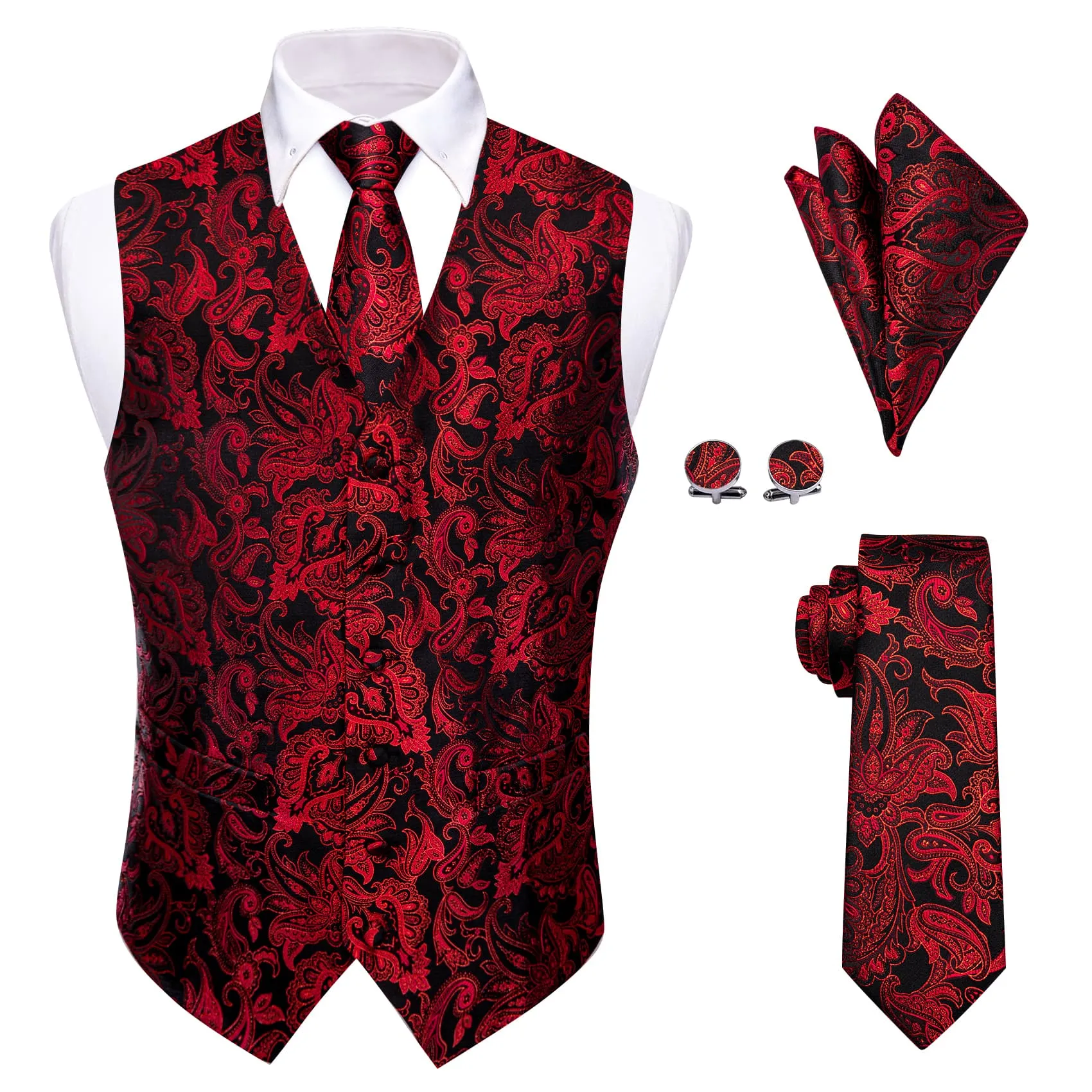 YourTies V-Neck Waistcoat Red Jacquard Paisley Men's Vest Necktie Set