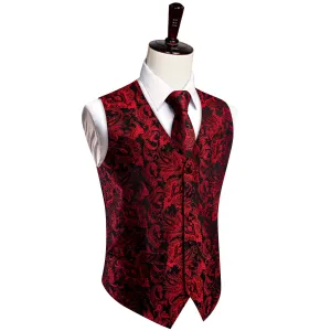 YourTies V-Neck Waistcoat Red Jacquard Paisley Men's Vest Necktie Set