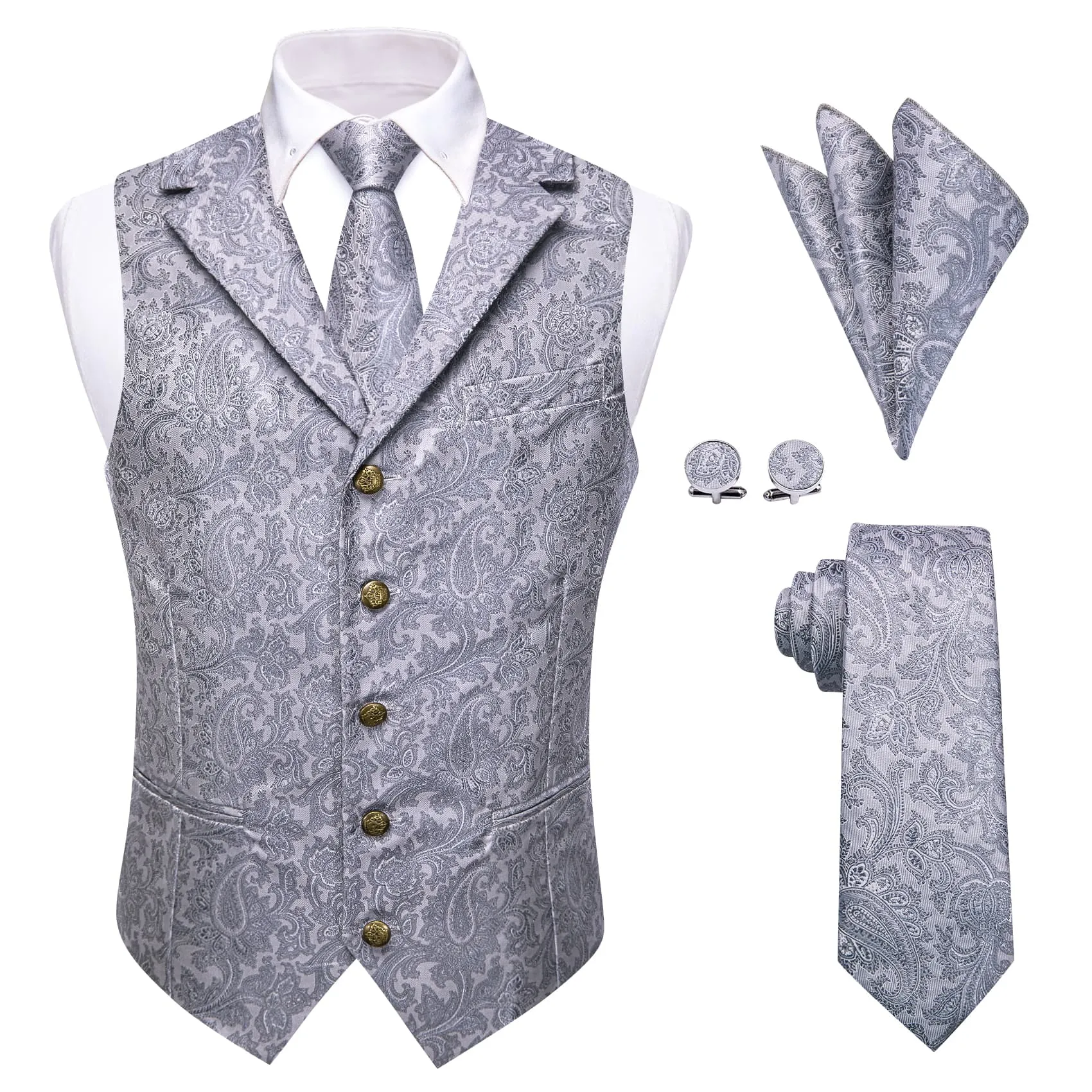YourTies Wedding Vest Silver Grey Notched Lapel Waistcoat Necktie Set