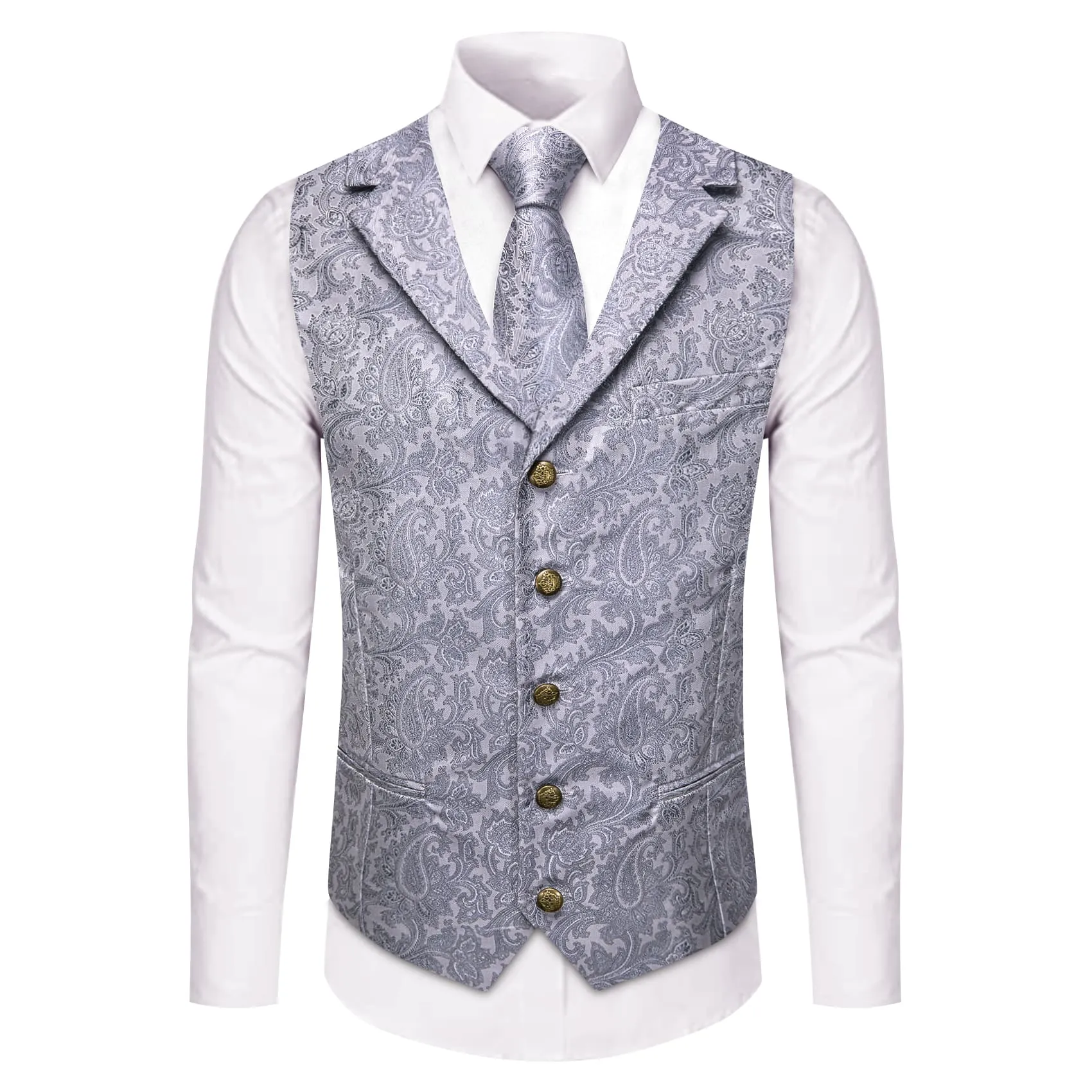 YourTies Wedding Vest Silver Grey Notched Lapel Waistcoat Necktie Set
